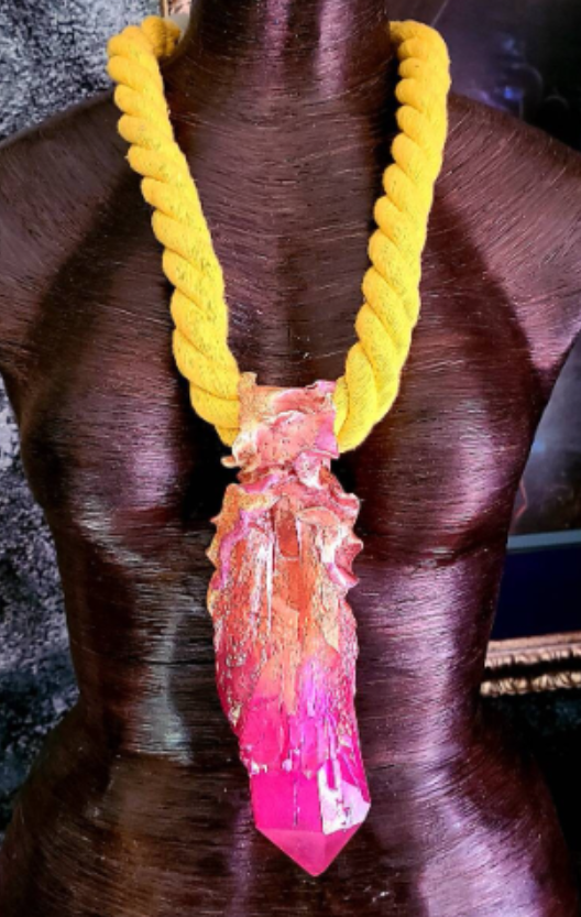 Hot Pink Crystal Quartz With Yellow Rope Talisman, Bold Rough Gemst