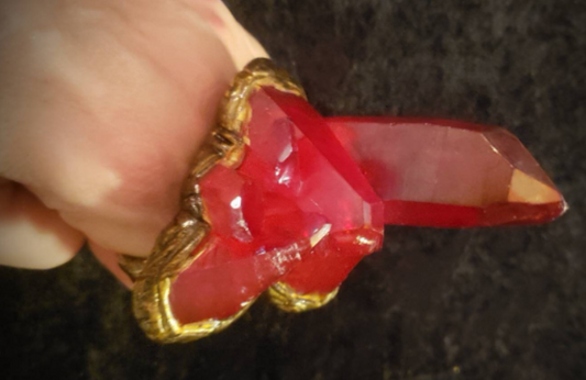 Statement Ring Sculpted Aura Quartz Red, Crystal Knuckles, Finger C