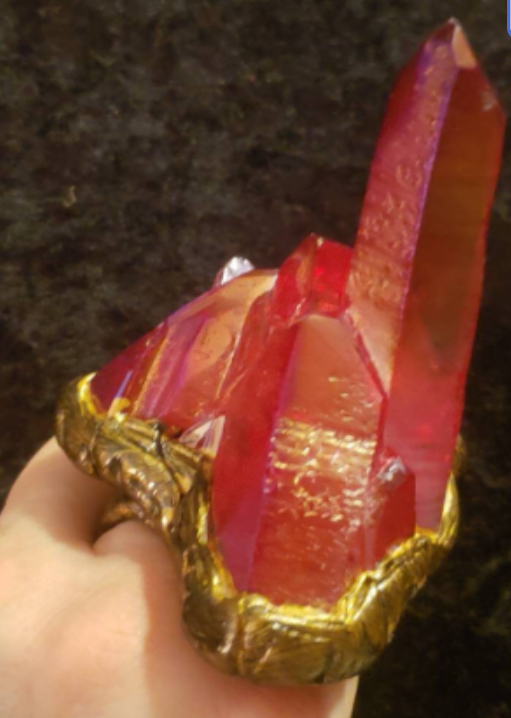 Statement Ring Sculpted Aura Quartz Red, Crystal Knuckles, Finger C