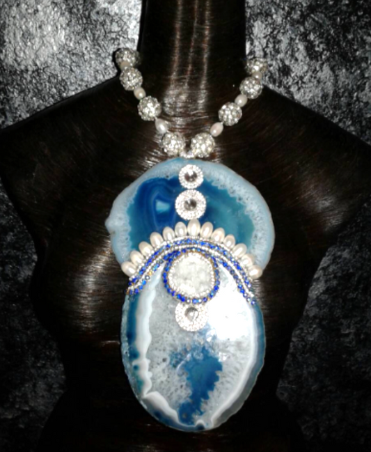 Blue Teal Agate Geode Rhinestone & Pearl Statement Pendant - Bold