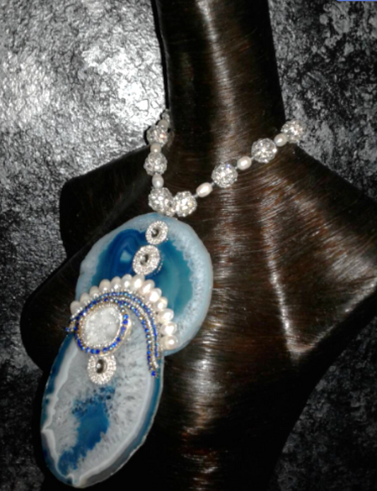 Blue Teal Agate Geode Rhinestone & Pearl Statement Gemstone Pendant, G