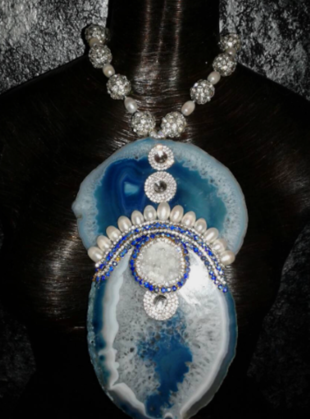 Blue Teal Agate Geode Rhinestone & Pearl Statement Pendant - Glam