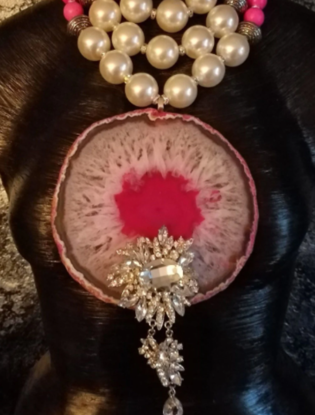 Massive Pink & White Agate Gemstone Pendant With Rhinestone Jewel