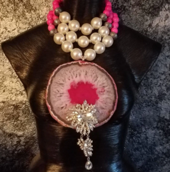 Massive Pink & White Snowflake Agate Gemstone Pendant with Rhinestone