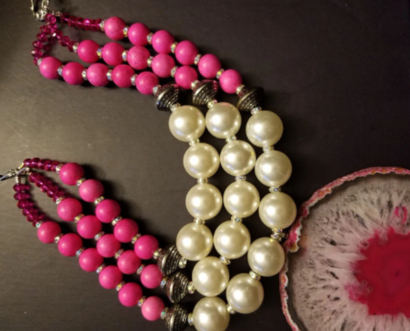 Massive Pink & White Snowflake Agate Gemstone Pendant with Rhinestone