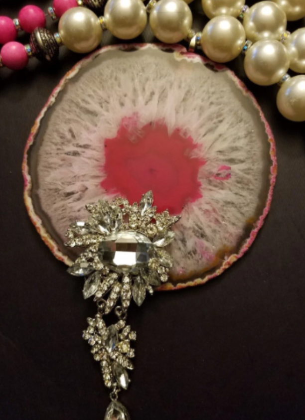Massive Pink & White Snowflake Agate Gemstone Pendant with Rhinestone