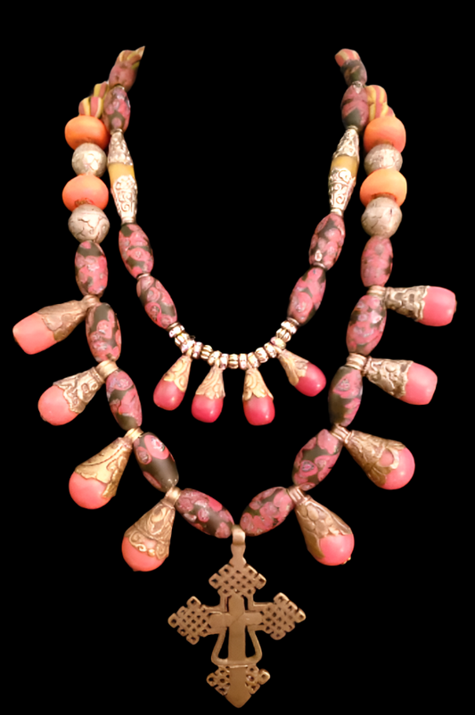 Tibetan Tribal Beaded Necklace Set - Exotic Unisex Statement Bib