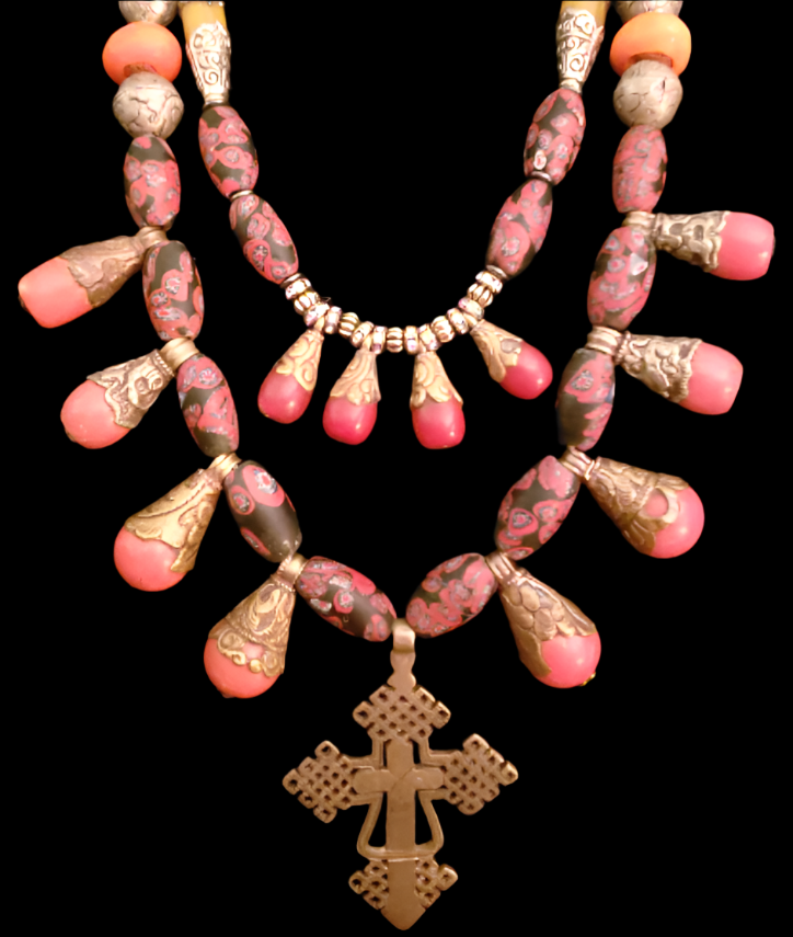 Tibetan Tribal Beaded Necklace Set - Exotic Unisex Statement Bib