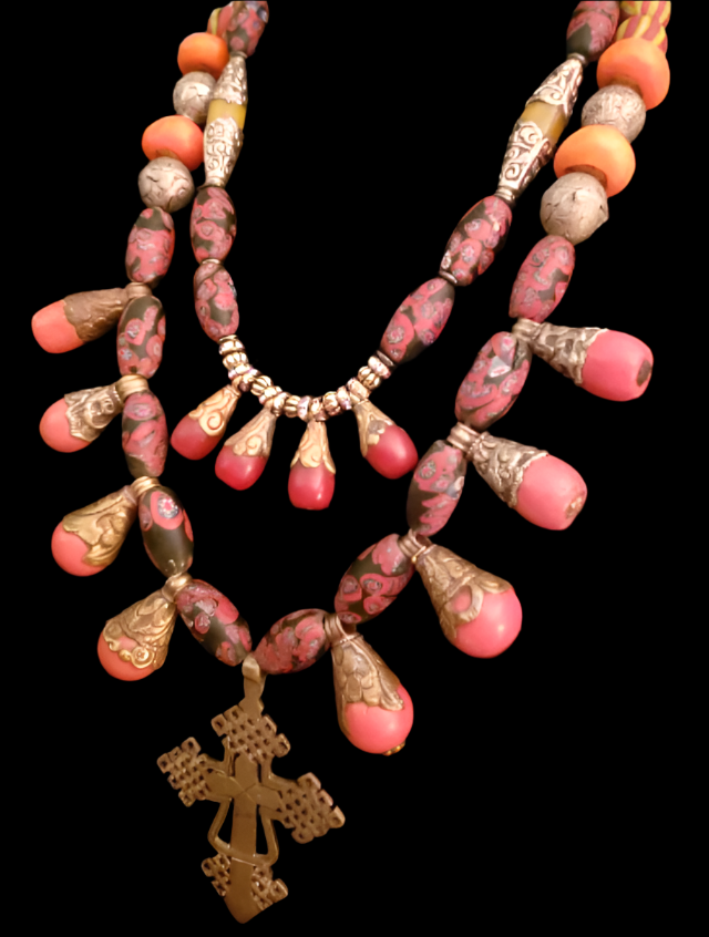 Tibetan Tribal Beaded Necklace Set - Exotic Unisex Statement Bib