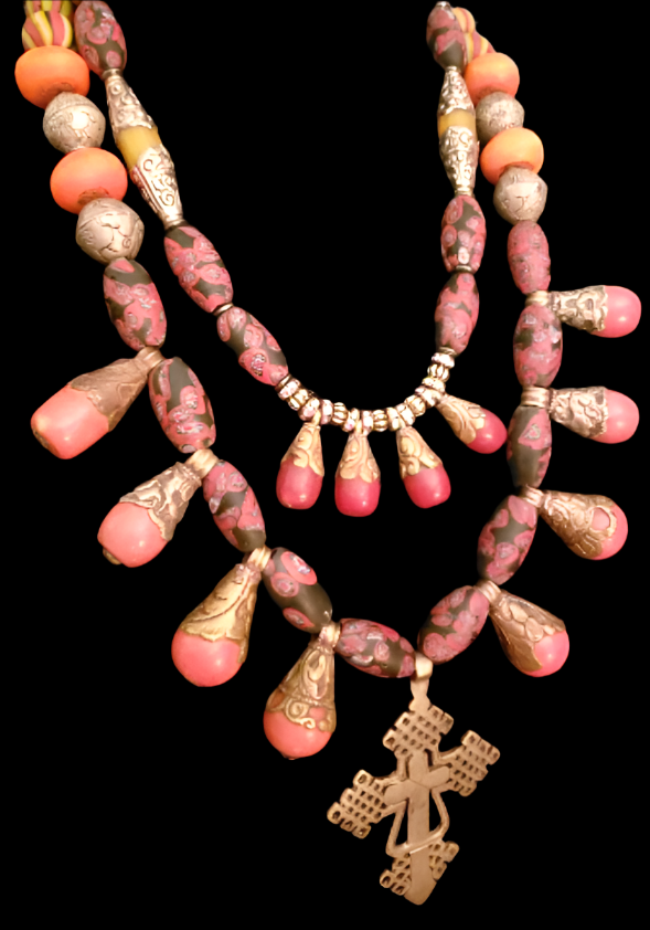 Tibetan Tribal Beaded Necklace Set - Exotic Unisex Statement Bib