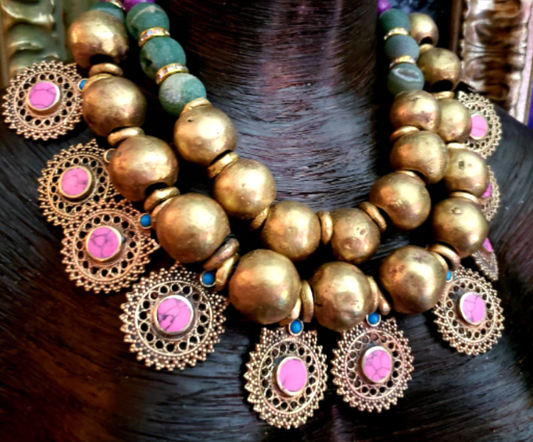 African Yoruba Brass Beaded Couture Necklace With Pink Kuchi Charms
