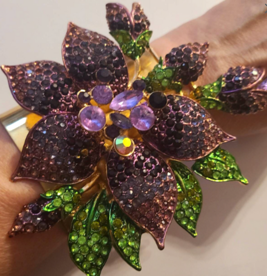 Purple Rhinestone Orchid Wide Brass Statement Cuff - Floral Bangle
