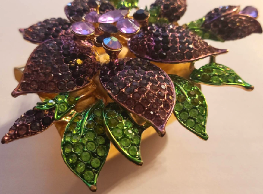 Purple Rhinestone Orchid Wide Brass Statement Cuff - Floral Bangle