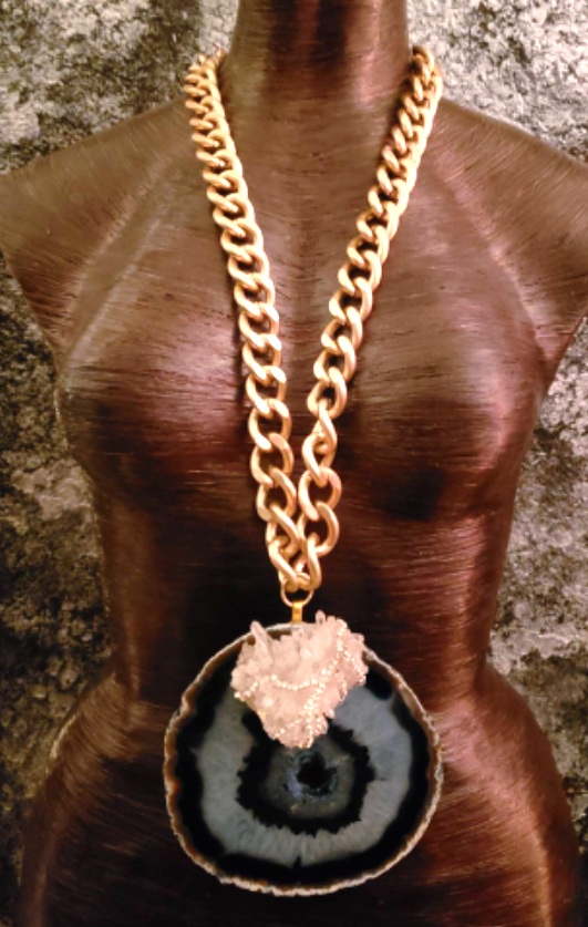 Huge Agate & Flower Quartz Statement Pendant - Hip Hop Inspired