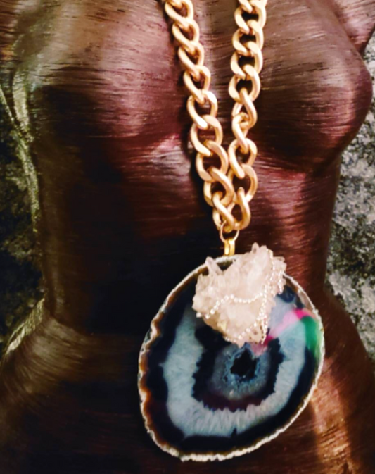 Statement Gemstone Pendant Agate Chrysanthemum Quartz Chest Piece Hip