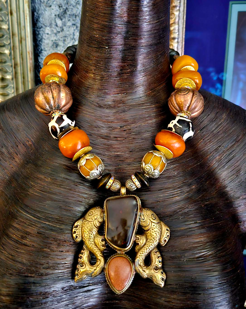 Double Fish Tibetan Repousse Tribal Gemstone Pendant & Beaded Choker