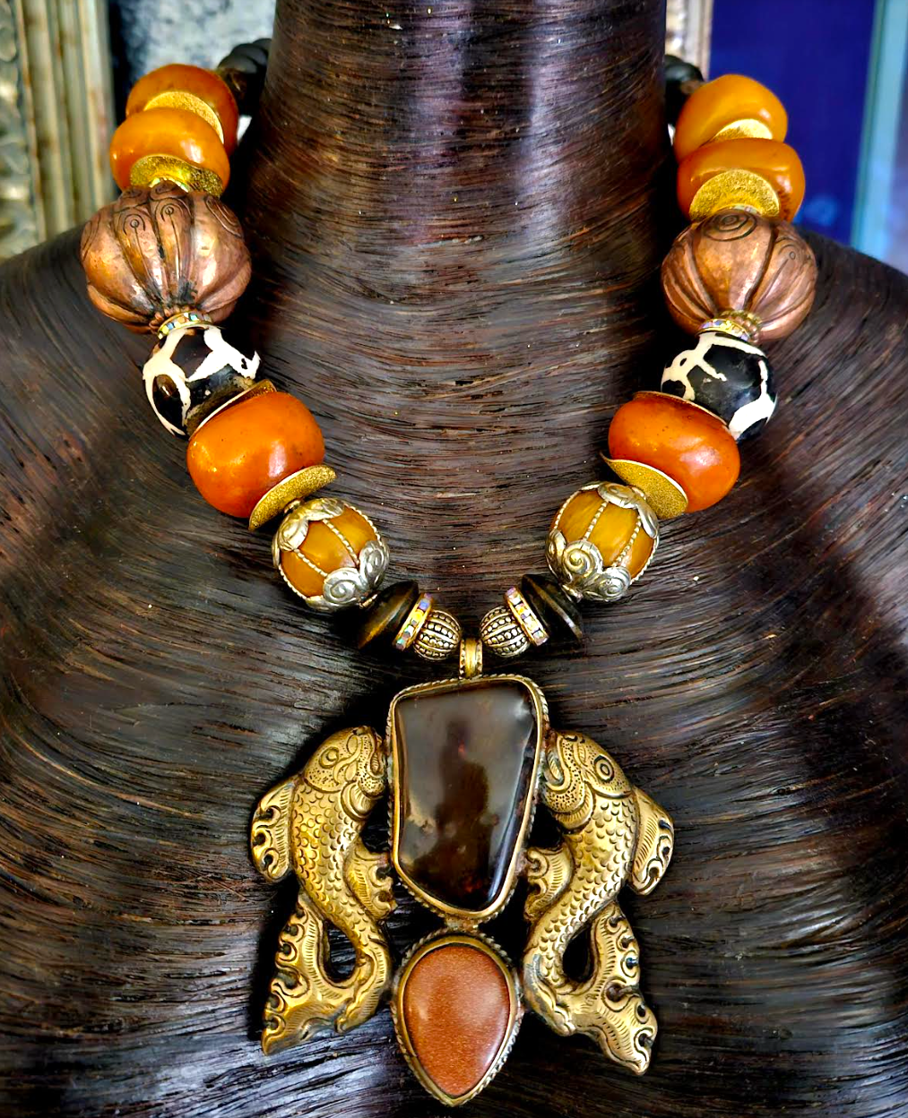 Double Fish Tibetan Repousse Tribal Gemstone Pendant & Beaded Choker