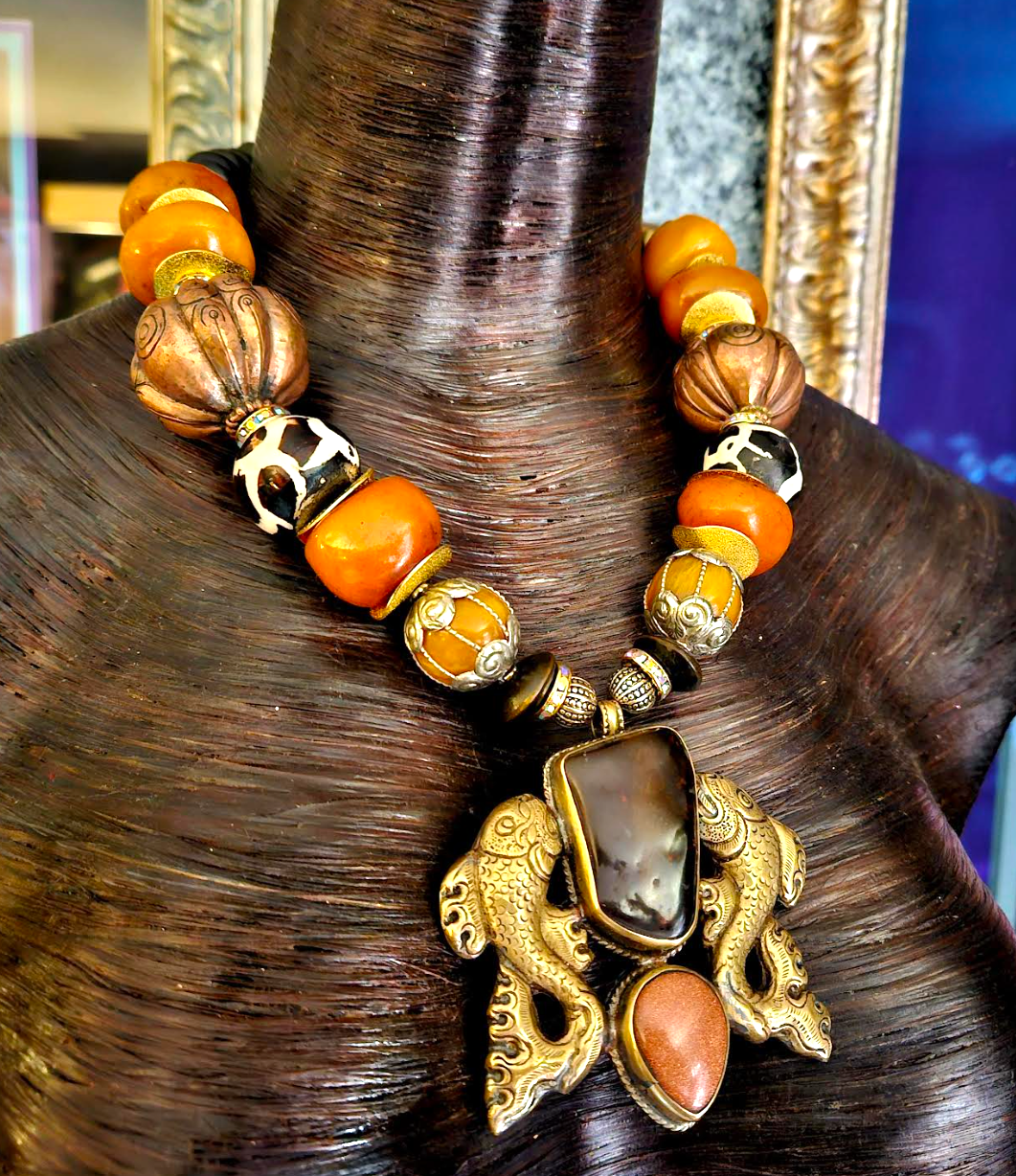 Double Fish Tibetan Repousse Tribal Gemstone Pendant & Beaded Choker