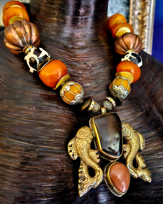Double Fish Tibetan Repousse Tribal Gemstone Pendant & Beaded Choker
