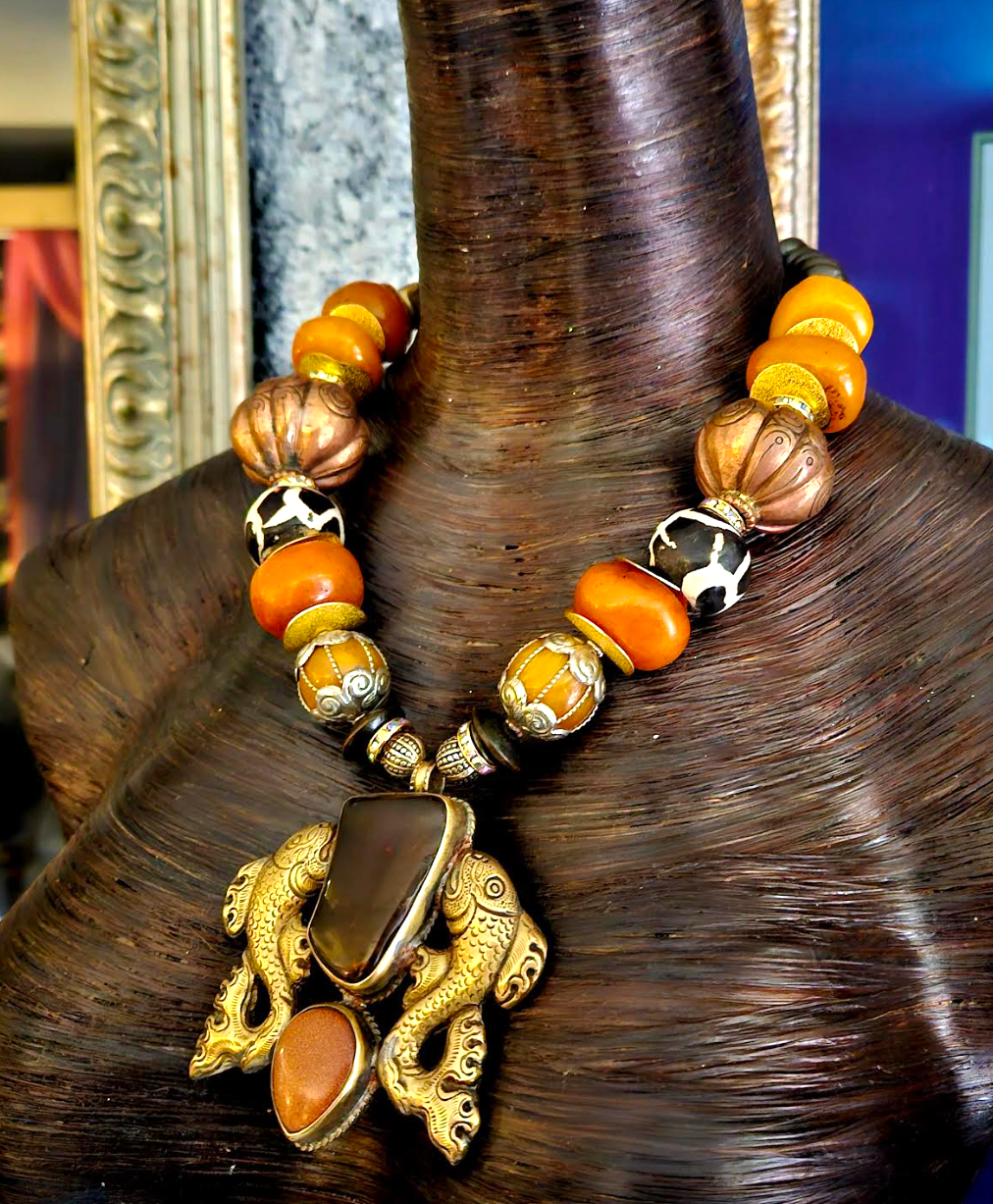 Double Fish Tibetan Repousse Tribal Gemstone Pendant & Beaded Choker