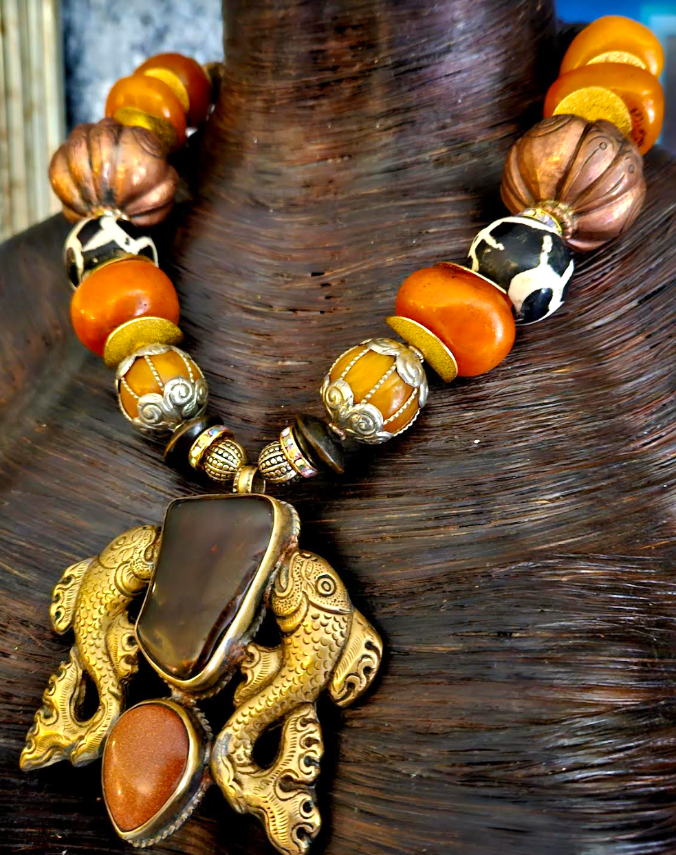 Double Fish Tibetan Repousse Tribal Gemstone Pendant & Beaded Choker