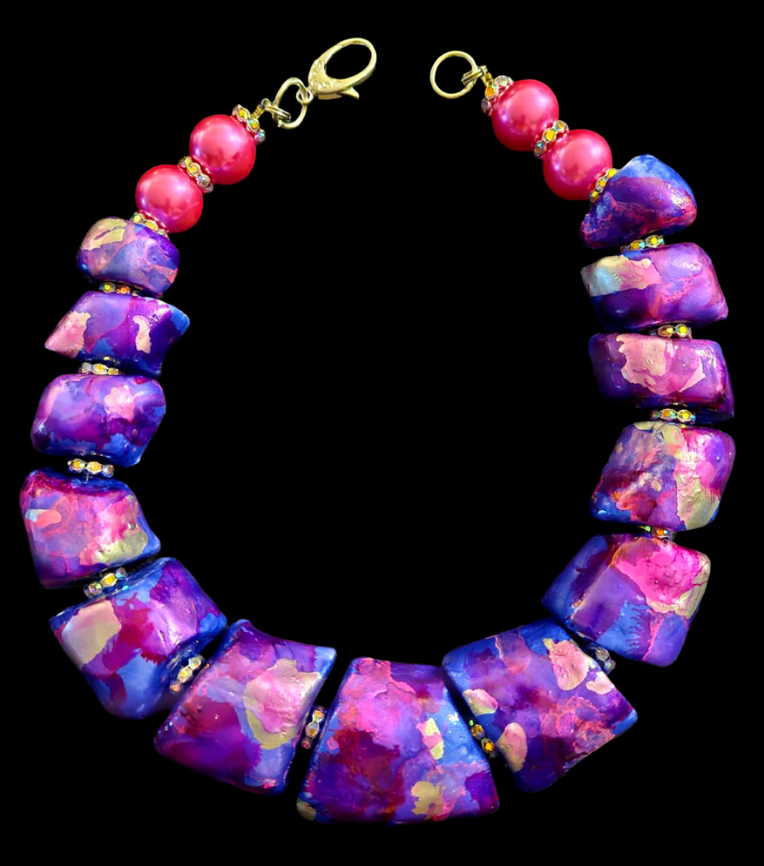 Sculpted Oversized Beaded Pink Purple Statement Necklace - Photoshoot