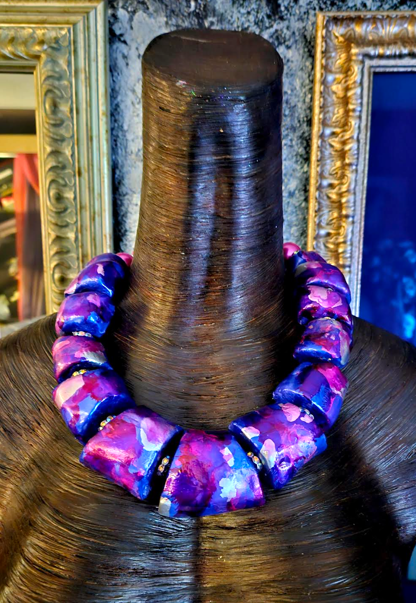 Sculpted Oversized Beaded Pink Purple Statement Necklace - Photoshoot