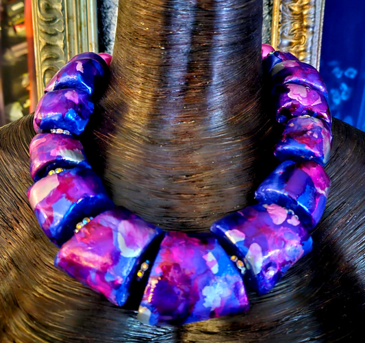 Sculpted Oversized Beaded Pink Purple Statement Necklace - Photoshoot