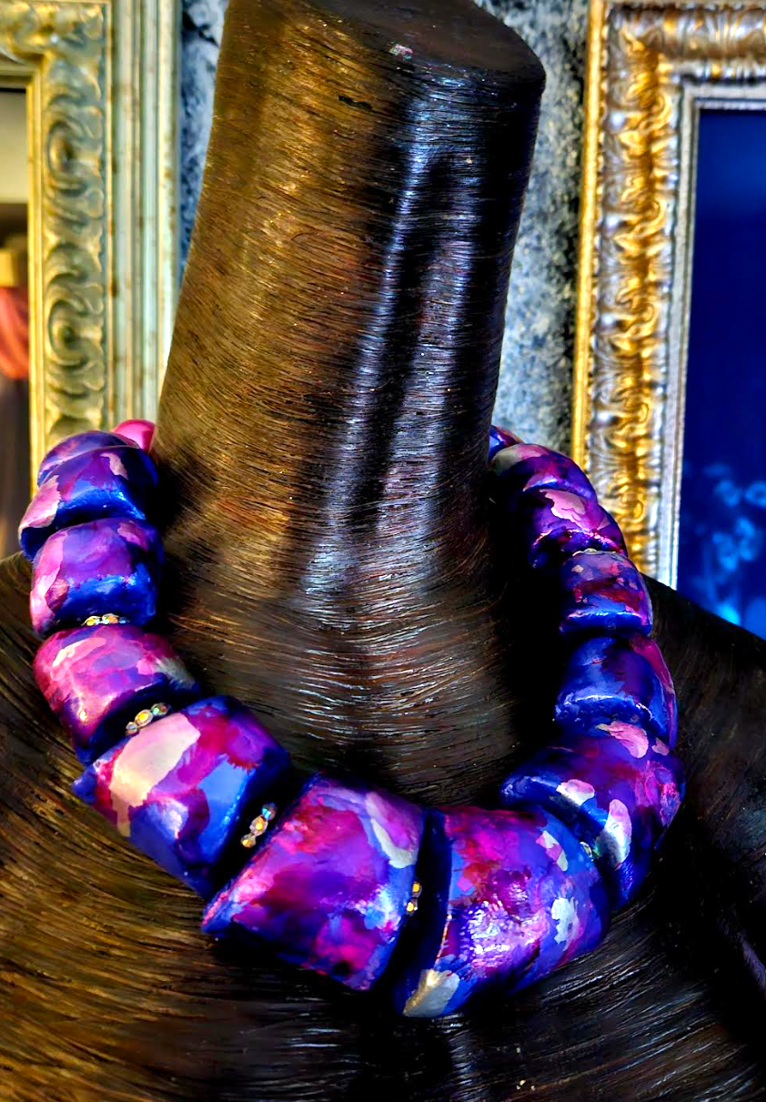 Sculpted Oversized Beaded Pink Purple Statement Necklace - Photoshoot