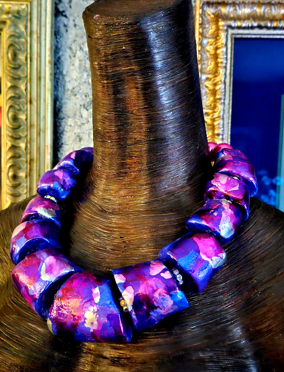 Sculpted Oversized Beaded Pink Purple Statement Necklace - Photoshoot