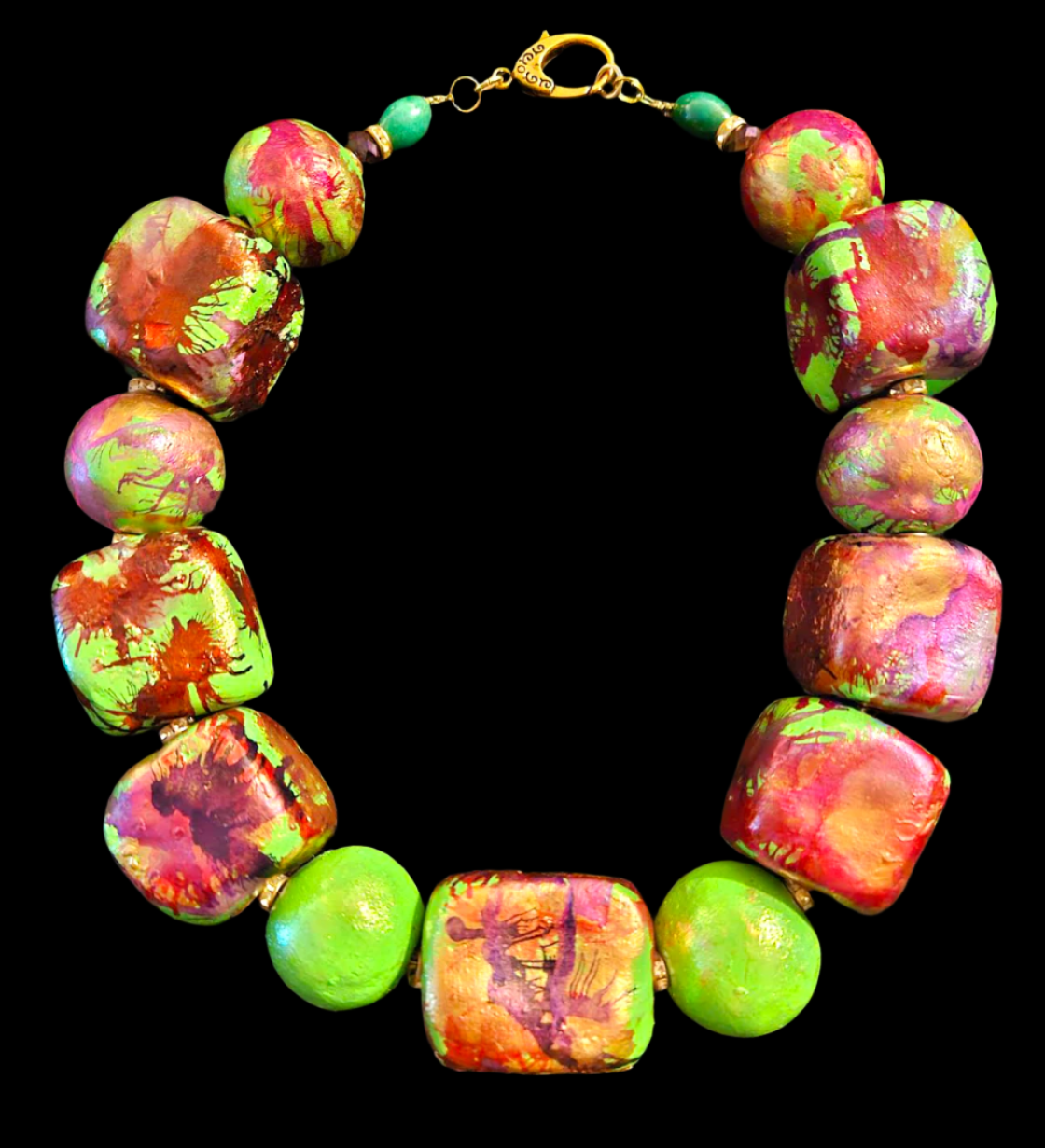 Hand Sculpted Chartreuse & Burgundy Alcohol Ink Oversized Beaded Necklace - Lightweight