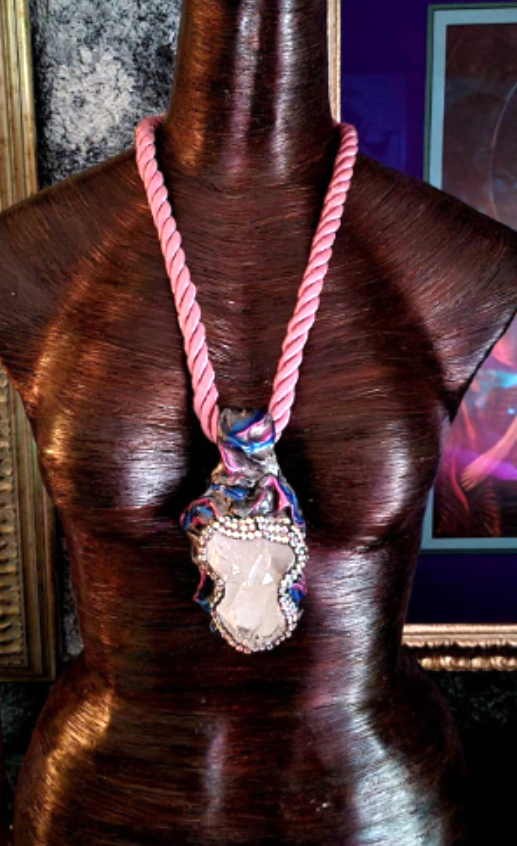 Gemmy Quartz Sculpted Pendant With Rhinestone Trim - Silk Rope