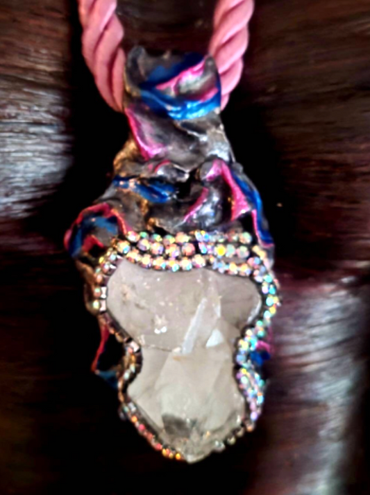 Gemmy Quartz Sculpted Pendant With Rhinestone Trim - Silk Rope