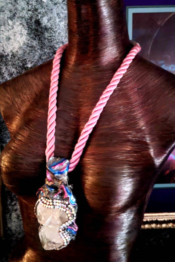 Gemmy Quartz Sculpted Pendant With Rhinestone Trim - Silk Rope