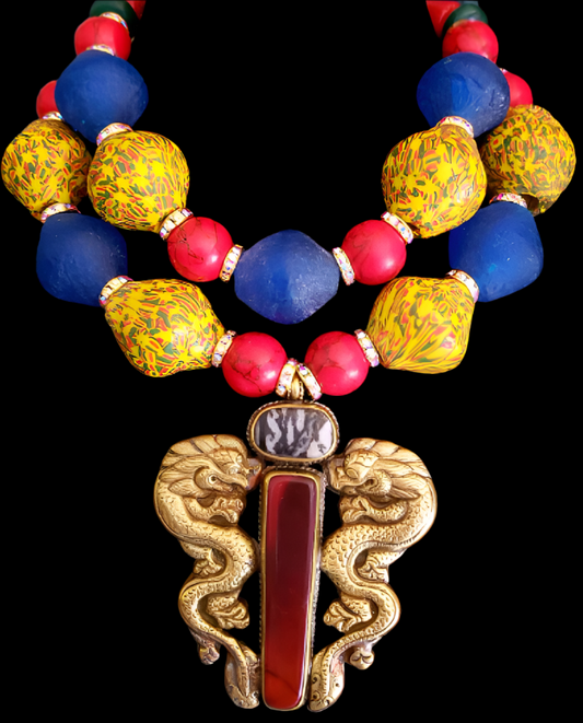Colorful African Recycled Glass Tribal Luxury Necklace - Double Dragon