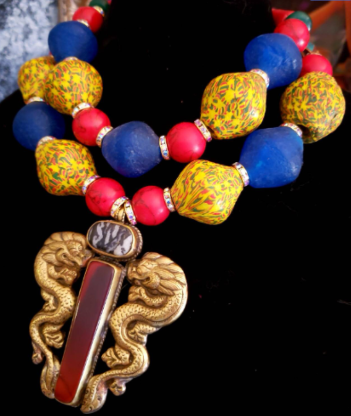 Colorful African Recycled Glass Tribal Luxury Necklace - Double Dragon