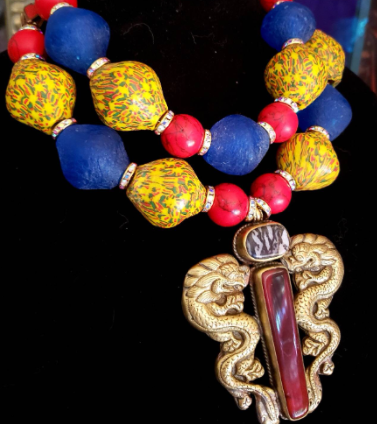 Colorful African Recycled Glass Tribal Luxury Necklace - Double Dragon