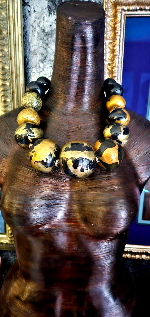 Luxury Necklace Beaded Massive Hand Sculpted Black Gold Women, Neck Ca