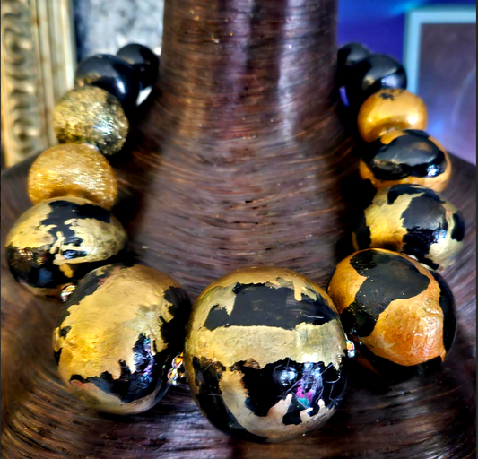 Luxury Sculpted Black & Gold Beaded Statement Necklace -
