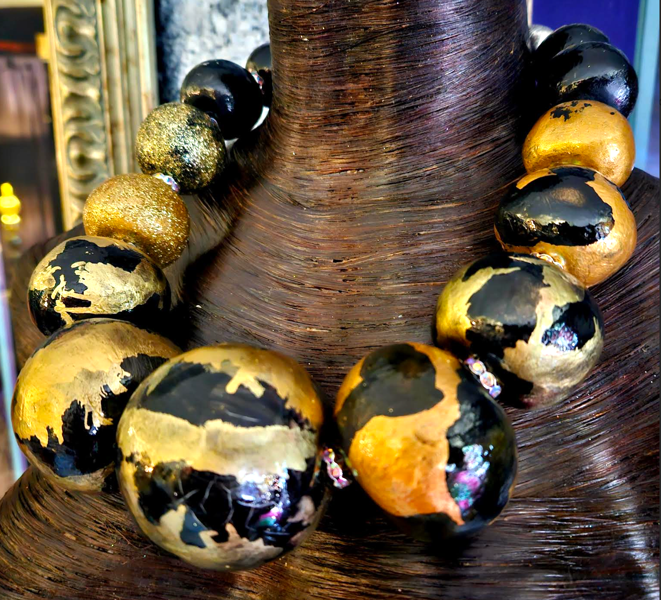 Luxury Necklace Beaded Massive Hand Sculpted Black Gold Women, Neck Ca