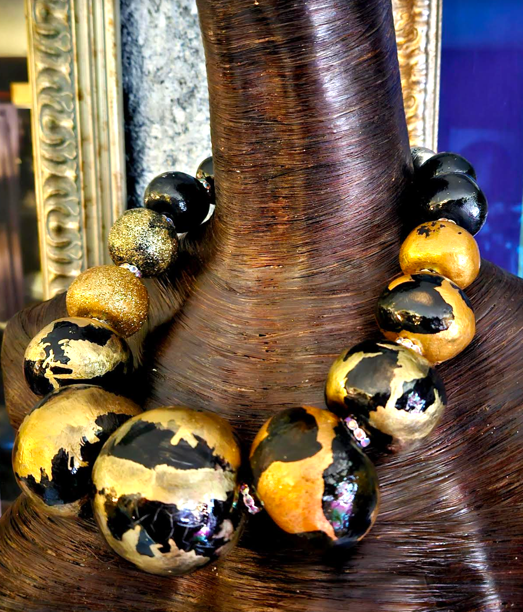 Luxury Necklace Beaded Massive Hand Sculpted Black Gold Women, Neck Ca