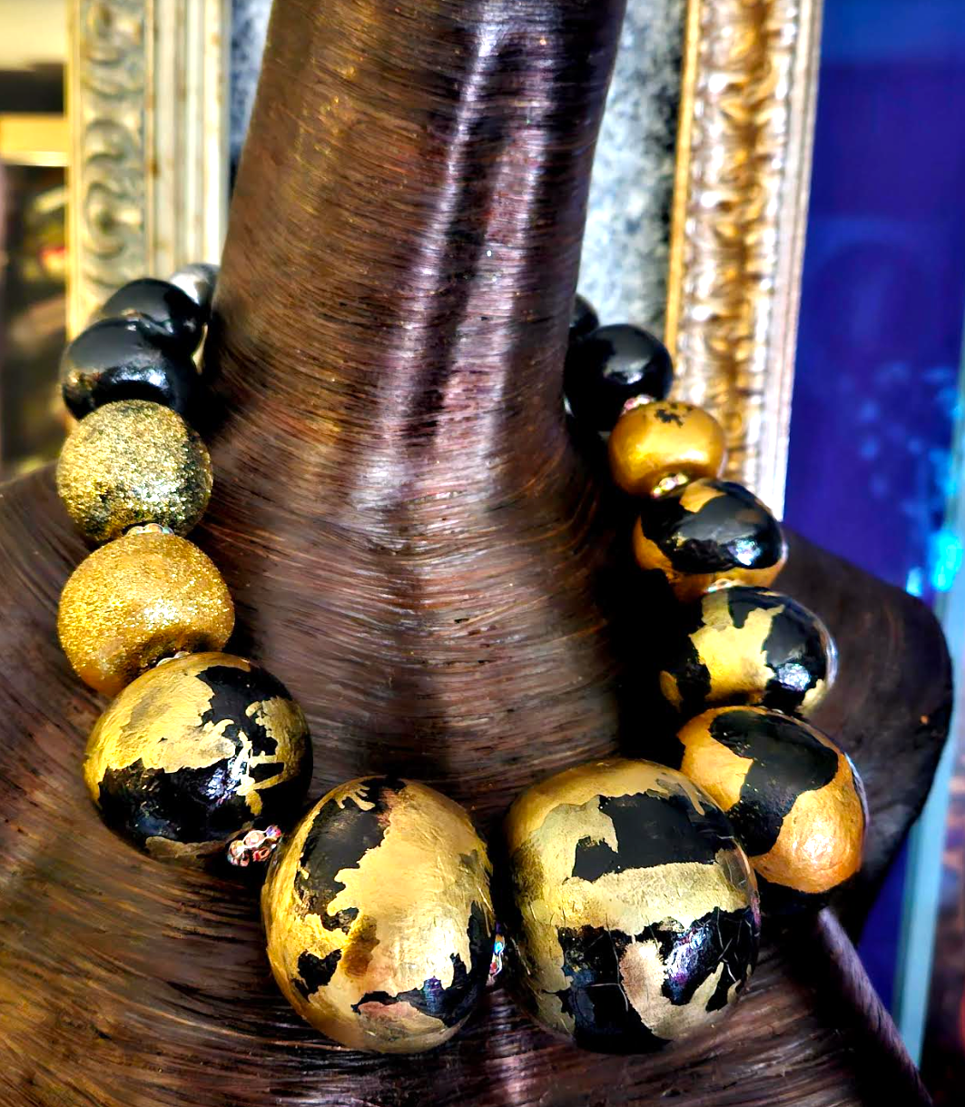Luxury Necklace Beaded Massive Hand Sculpted Black Gold Women, Neck Ca