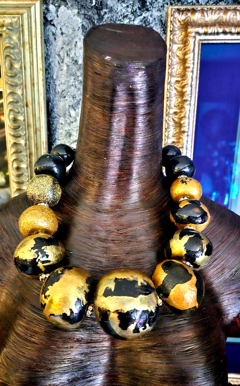 Luxury Necklace Beaded Massive Hand Sculpted Black Gold Women, Neck Ca