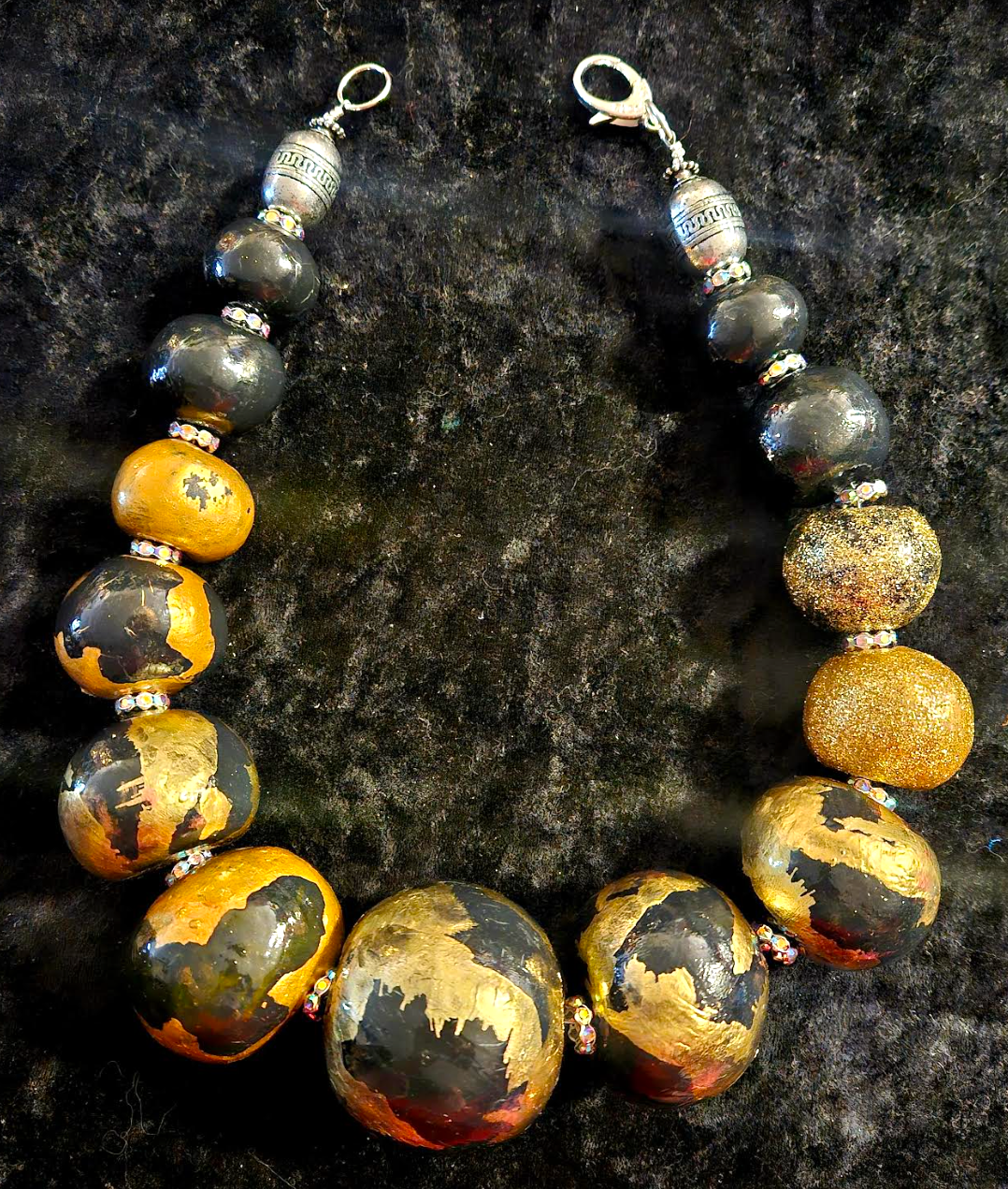 Luxury Necklace Beaded Massive Hand Sculpted Black Gold Women, Neck Ca