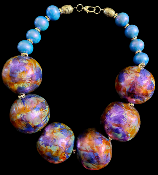 Oversized Blue & Purple Metallic Beaded Statement Necklace - Lightweight