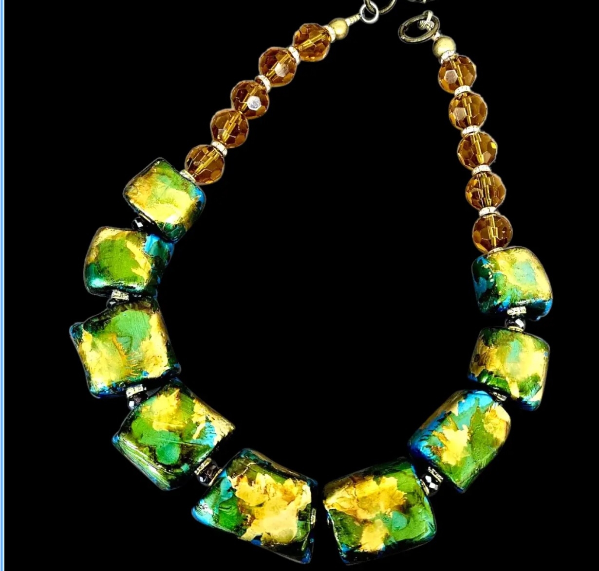 Green, Gold & Blue Sculpted Alcohol Ink Cube & Faceted Crystal Artisan Necklace