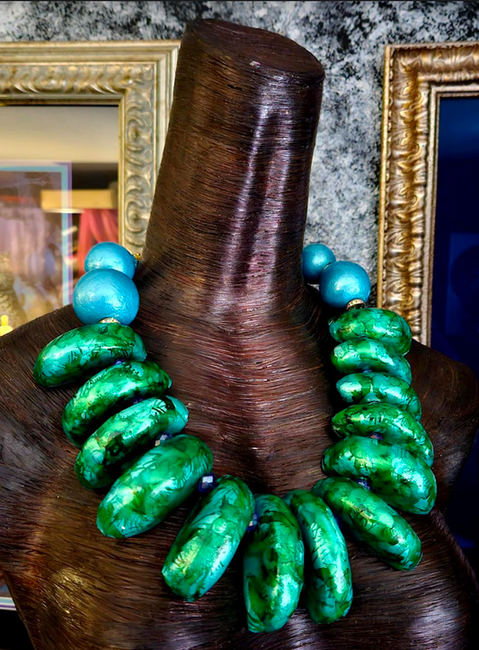 Hand Sculpted Emerald Green Metallic Beaded Light Statement Luxury Nec