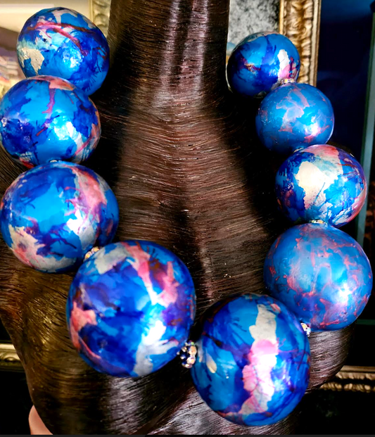 Luxury Necklace Beaded Sculpted Orbs Blue Silver Pink, Neck Candy Over