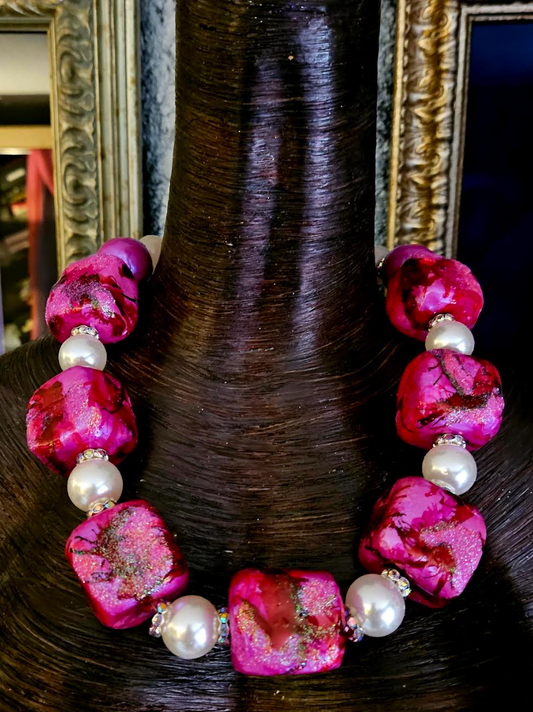 Neck Candy Sculpted Cubes Fuchsia & Faux Pearl, Statement Luxury Neckl
