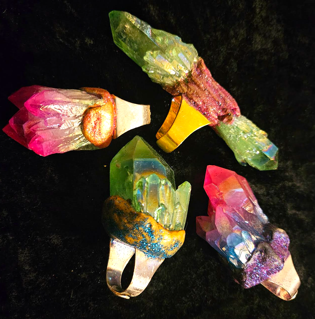 Statement Ring Set Rough Aura Quartz Adjustable, Finger Candy Cryst